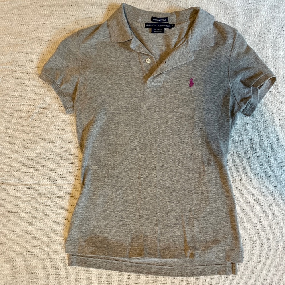 Ralph Lauren ladies the skinny polo polo - grey with pink horse